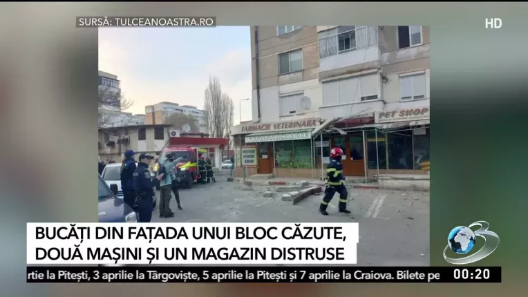 Fatada unui bloc din Tulcea s-a prabusit peste un magazin si doua masini